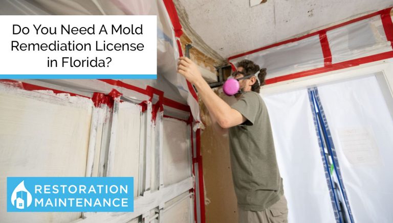 Do You Need A Mold Remediation License In Florida? A man in a mask and goggles working on the wall of a room.