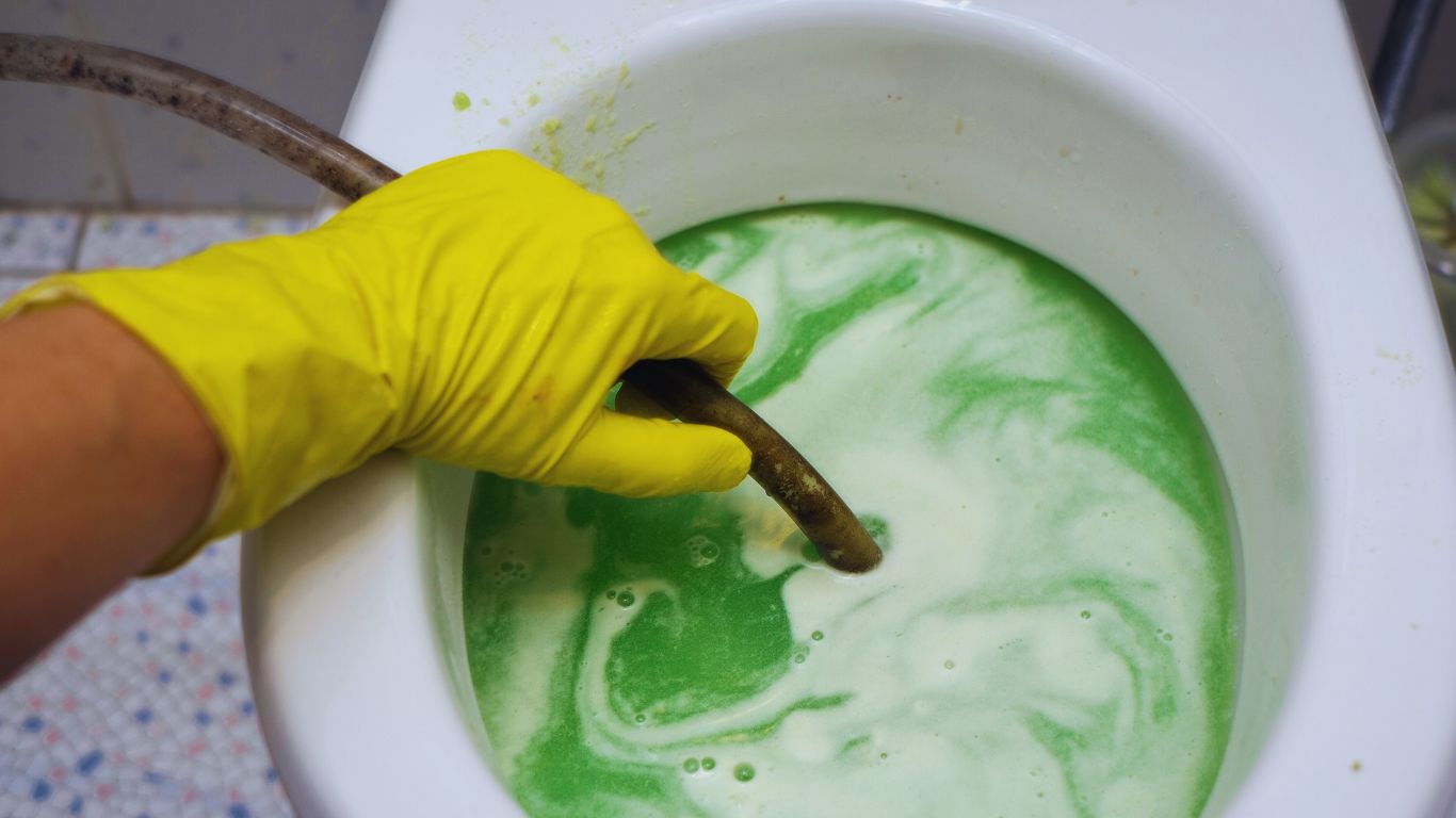 Close-up of a hand with a yellow rubber glove holding a hose and cleaning a toilet with green foam, symbolizing professional sewage cleanup services