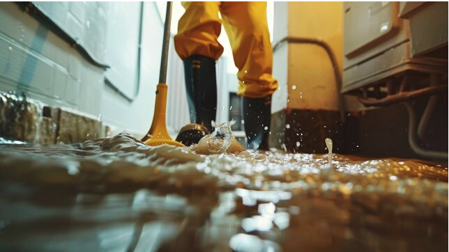 Flood damage restoration A person in the kitchen spraying water on a wall.